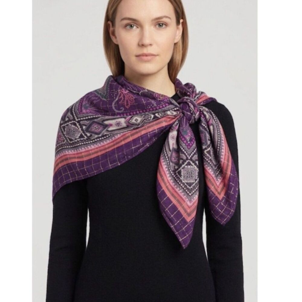 Chaudry Kc India NWT Navy Lavender Silver Lurex Botanical Print 40" Square Scarf